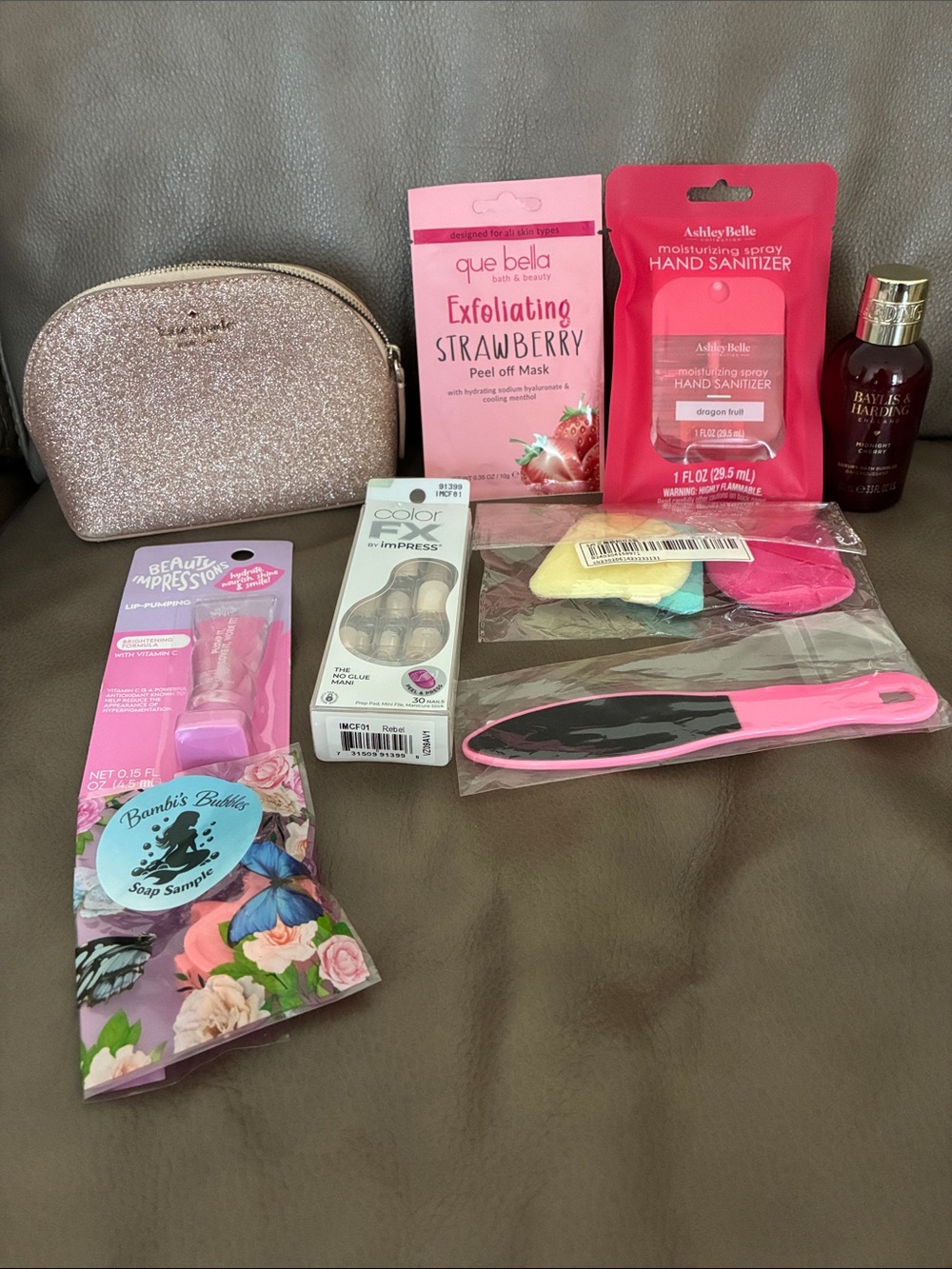 Kate Spade Gold Glitter Small Cosmetic Pouch 9pc Bundle